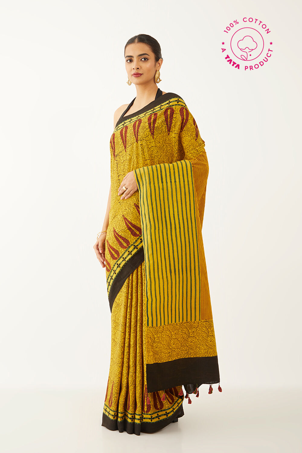 Yellow Pure Cotton Ajrakh Block Print Saree image number null