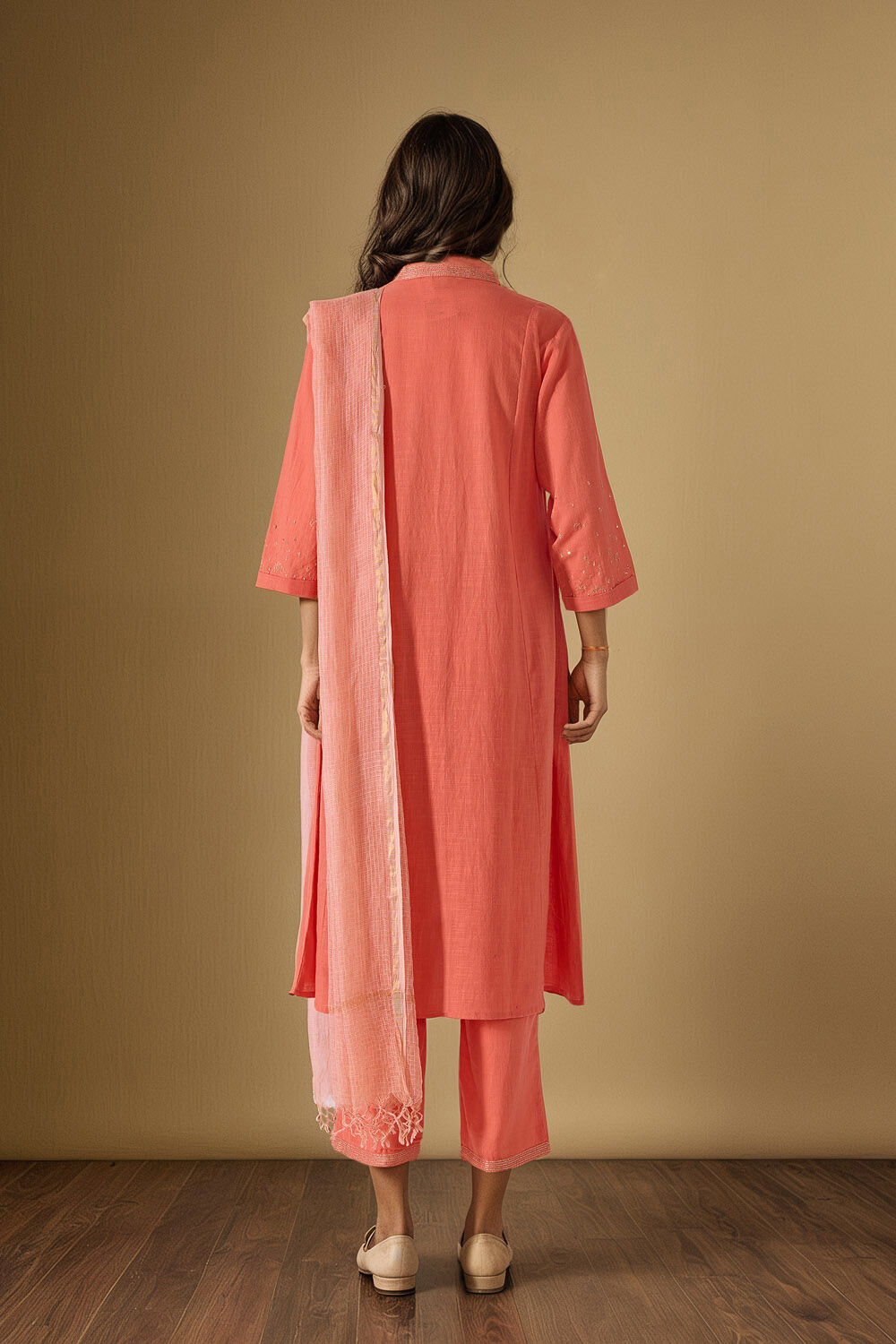 Orange Pure Cotton Embroidered Kurta Set image number null