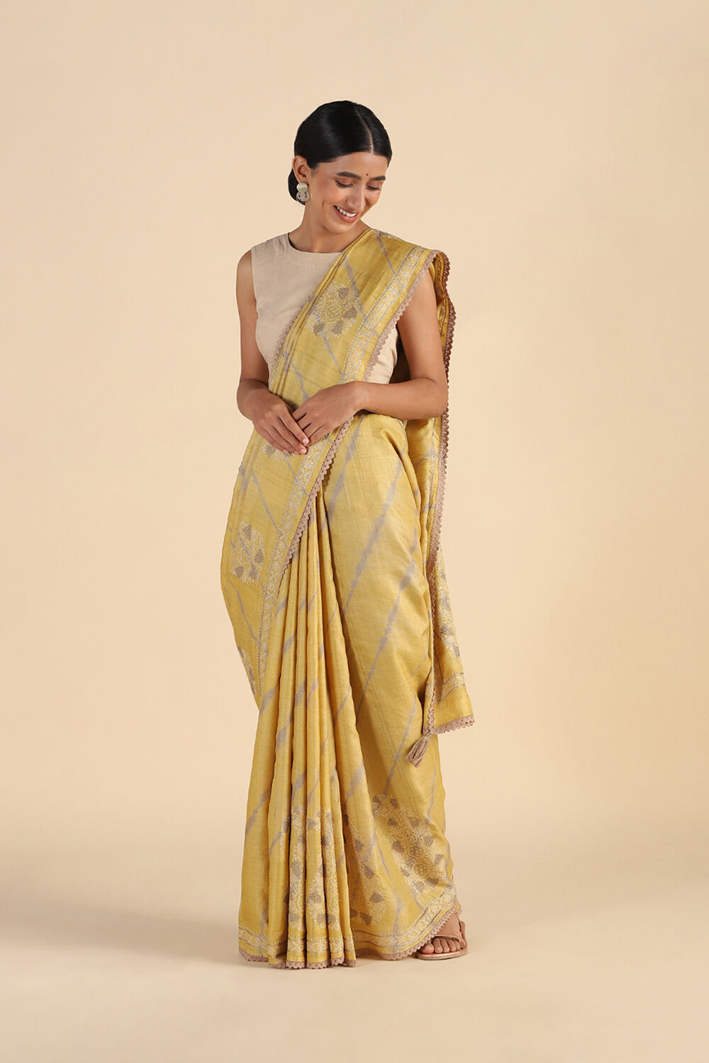 Yellow Embroidered Pure Tussar Saree image number null