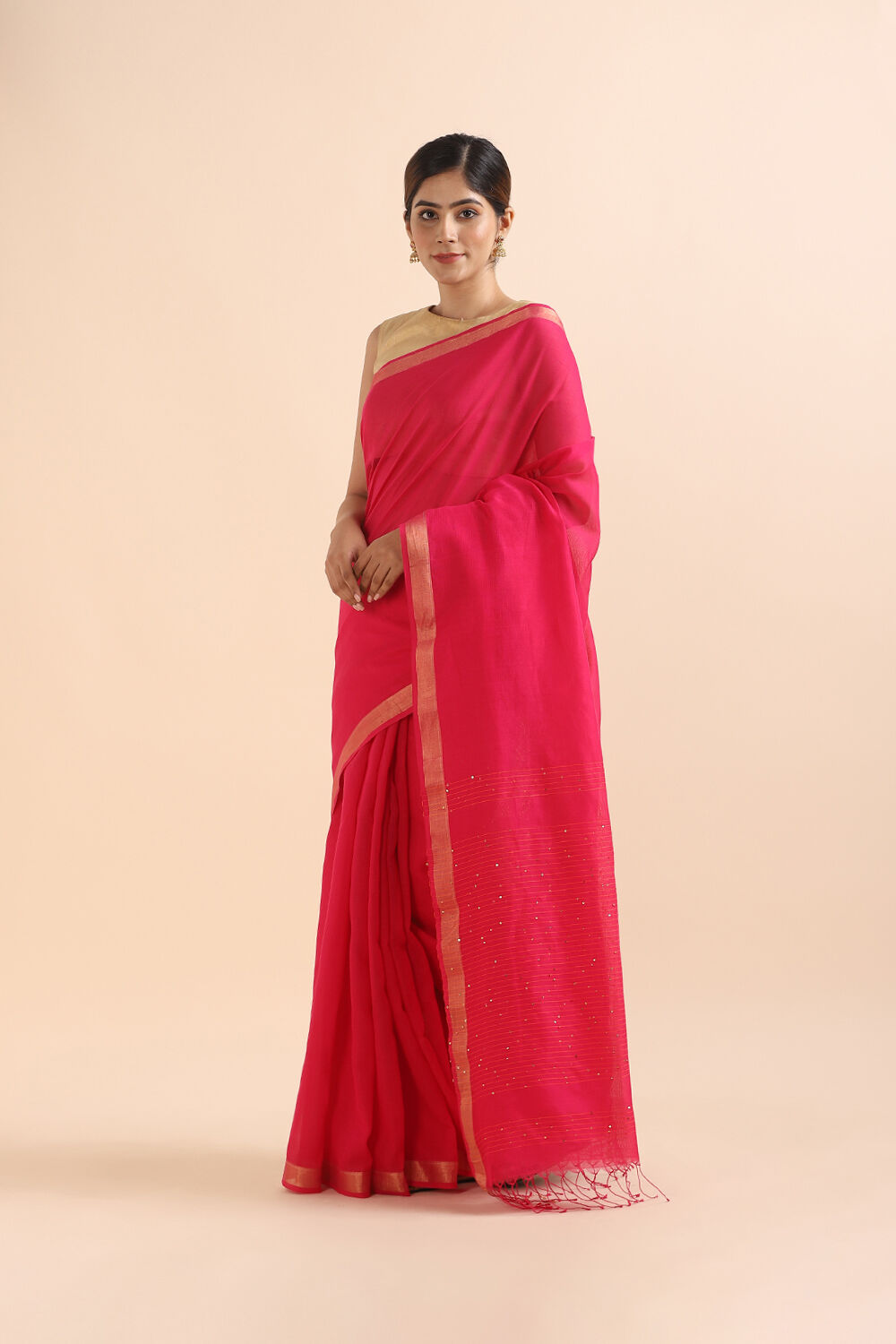 Dark Pink Pure Silk Cotton Bengal Saree image number null