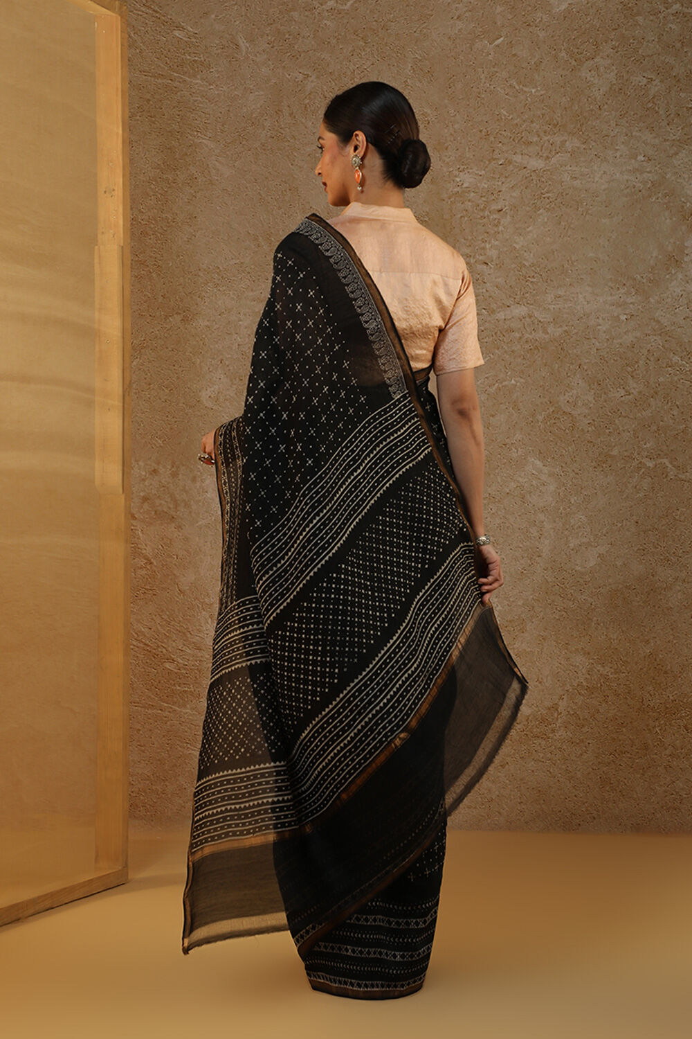Black Block Printed Pure Silk Cotton Chanderi Saree image number null