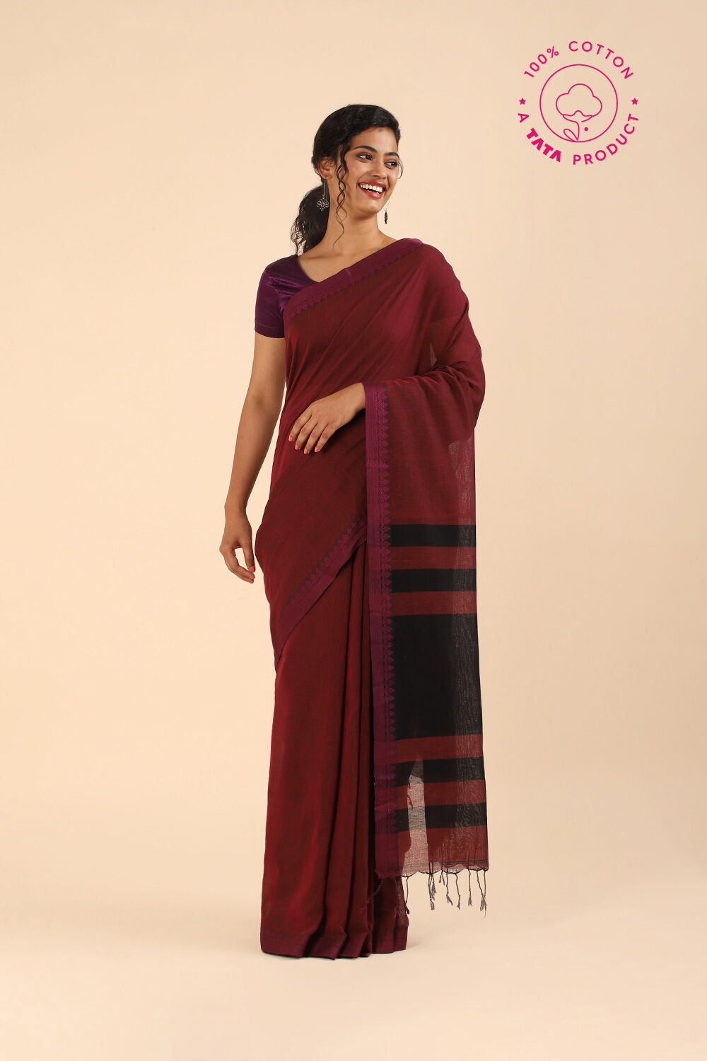 Dark Pure Red Cotton Bengal Saree image number null