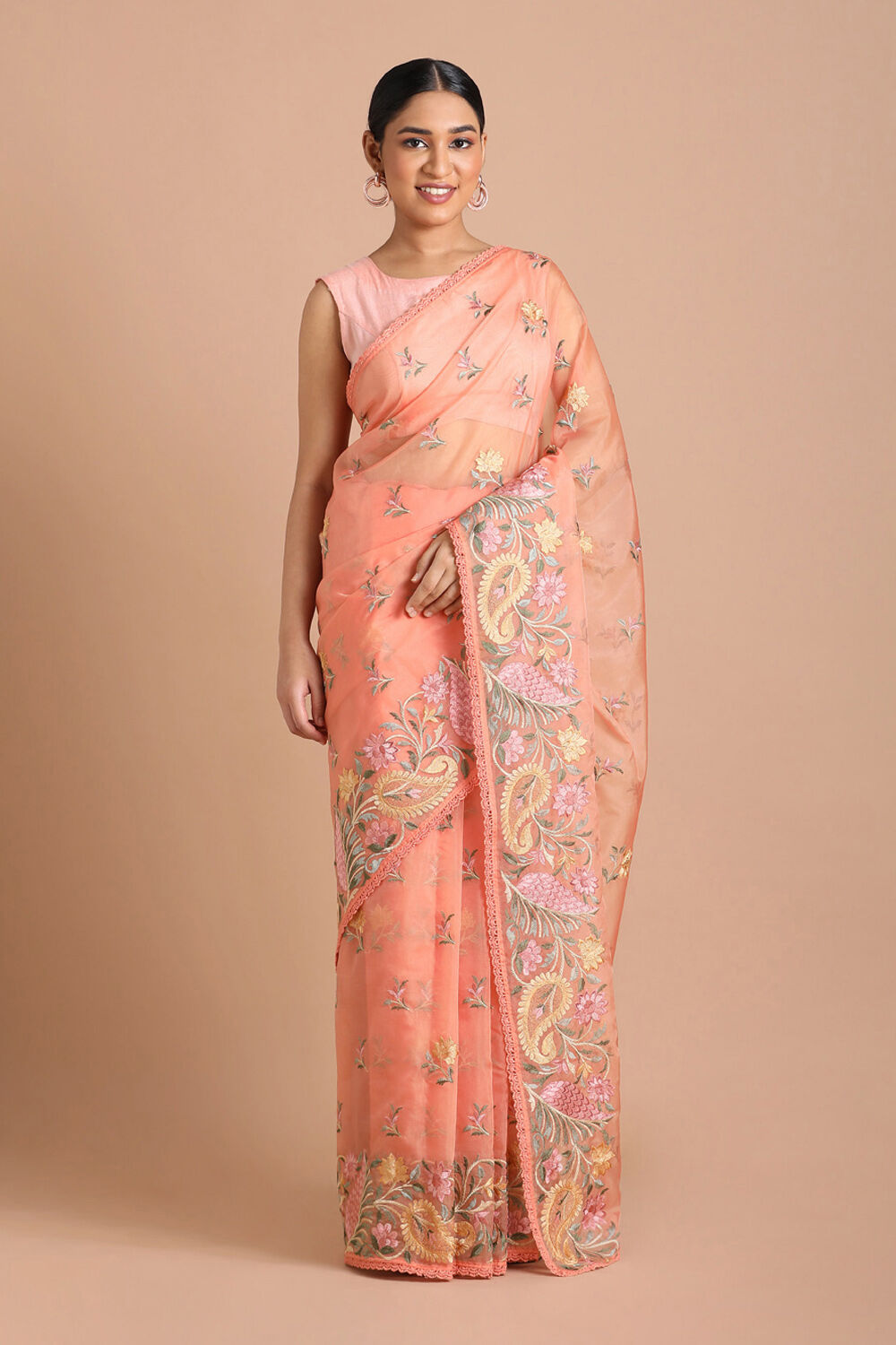 Light Pure Orange Embroidered Saree image number null
