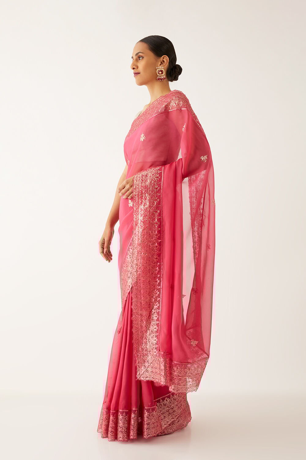 Dark Pink Viscose Organza Embroidered Saree image number null