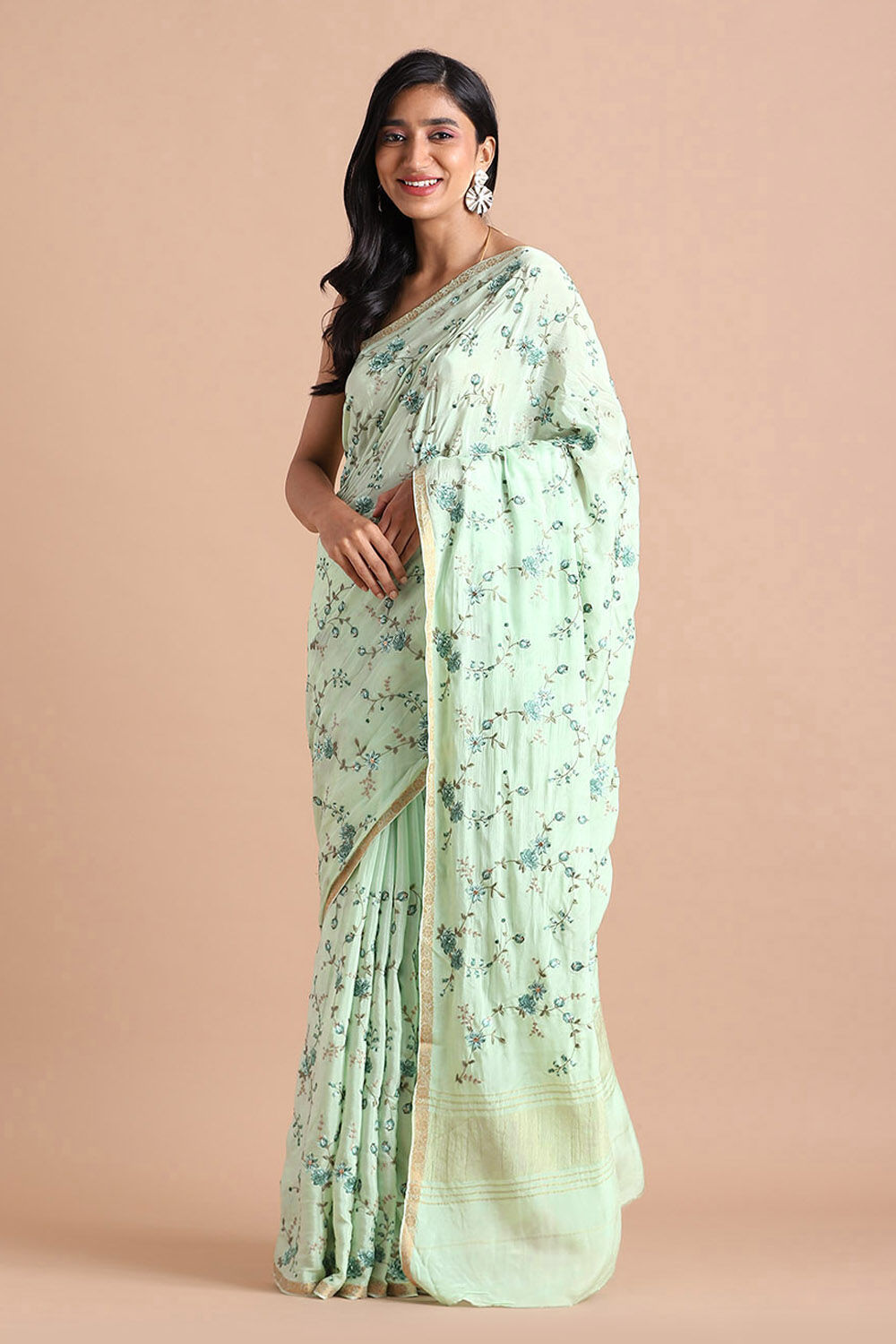 Light Pure Green Viscose Embroidered Saree image number null
