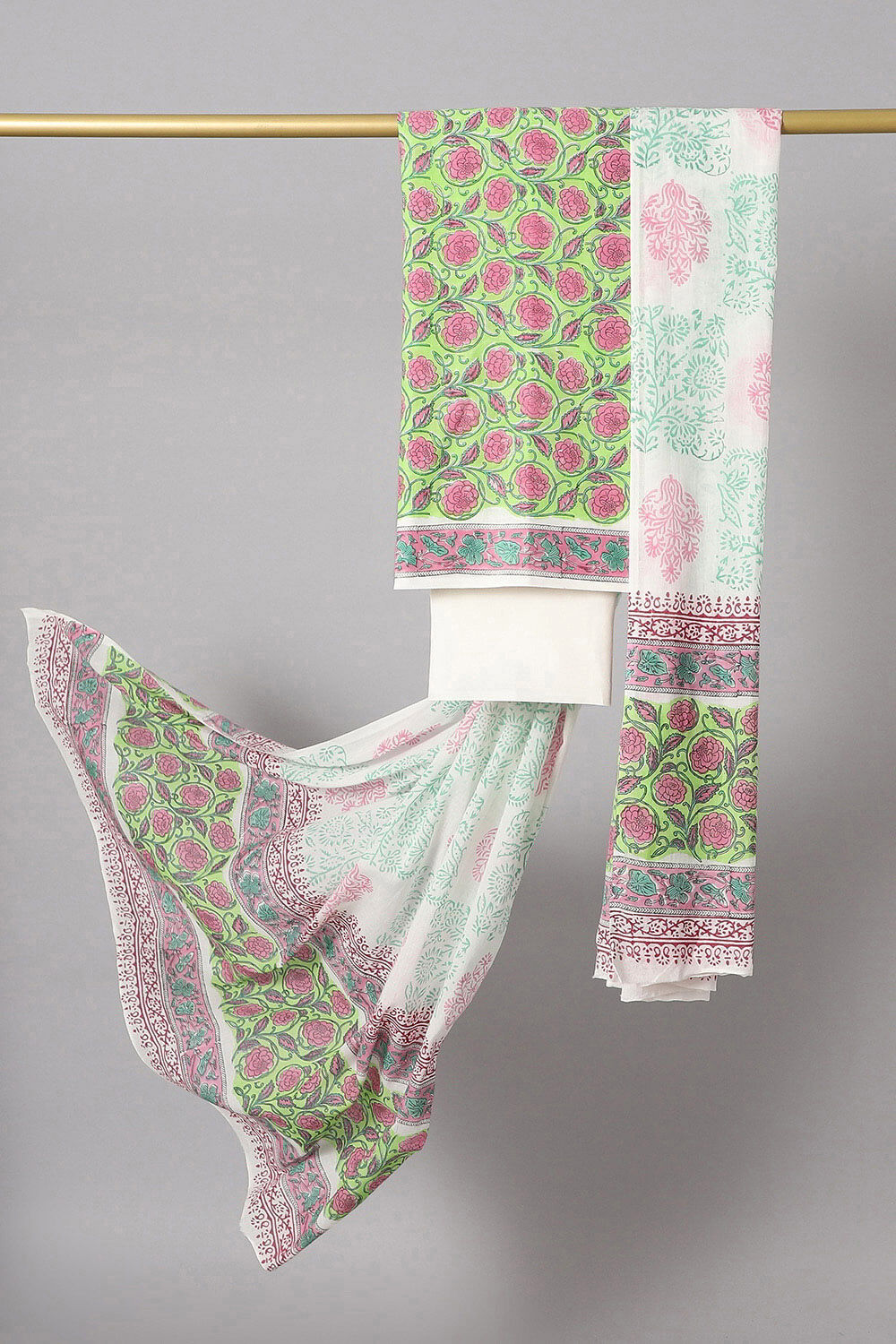 White Cotton Block Printed Unstitched Suit Set image number null