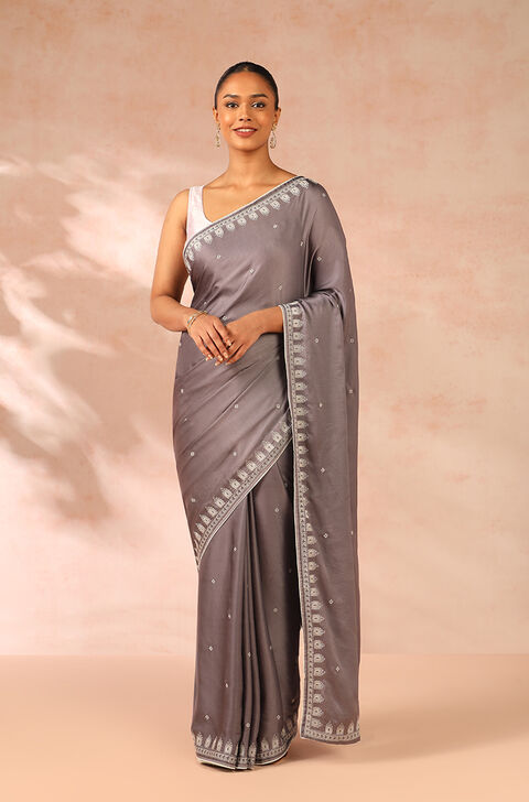 Grey Viscose Modal Embroidery Saree