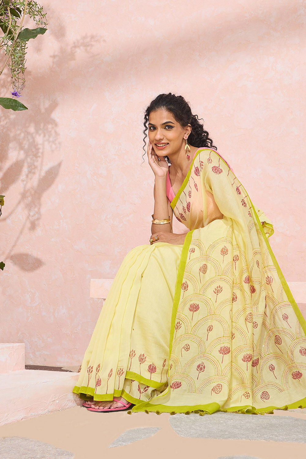 Light Yellow Bengal Silk Viscose Printed Embroidered Saree image number null