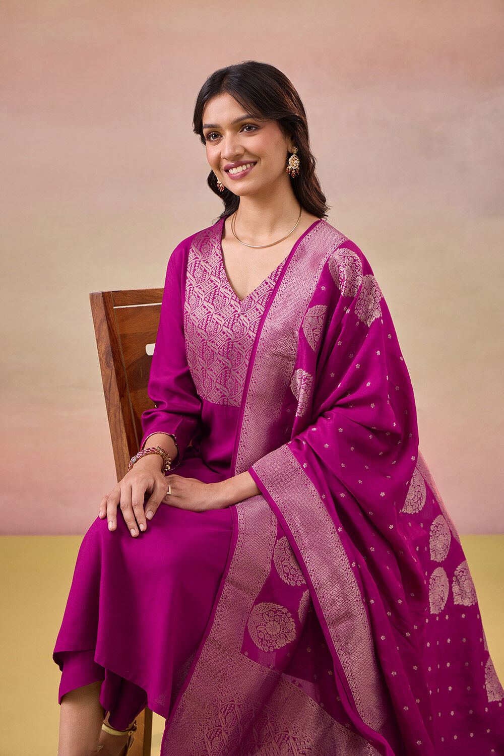 Violet Brocade Pure Viscose Kurta Set image number null