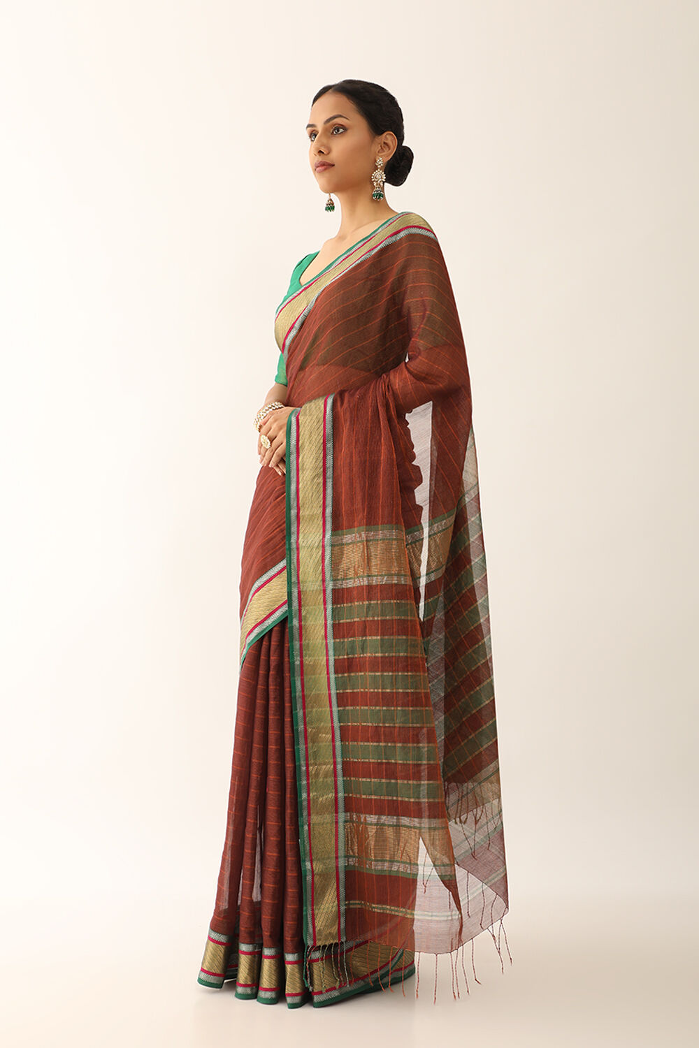 Brown Woven Pure Tissue Cotton Maheshwari Saree image number null