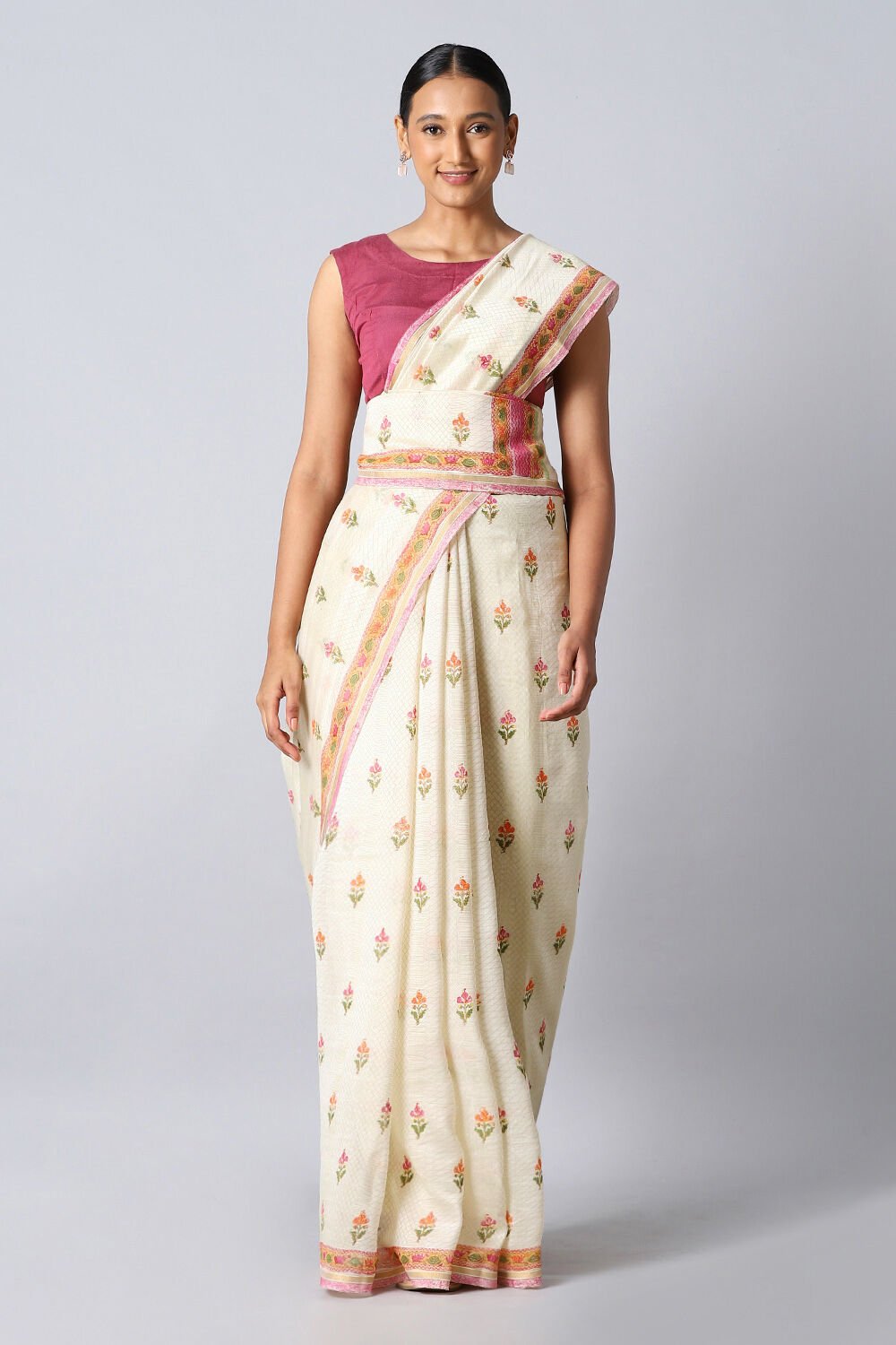Off White Pure Silk Cotton Printed Saree image number null