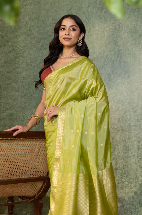 Light Green Silk Viscose Cutwork Banarasi Inspired Design Saree