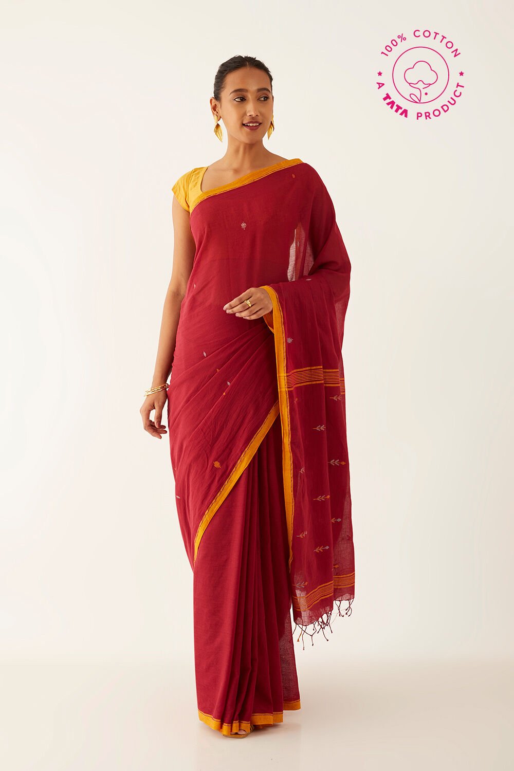 Red Pure Cotton Jamdani Bengali Saree image number null