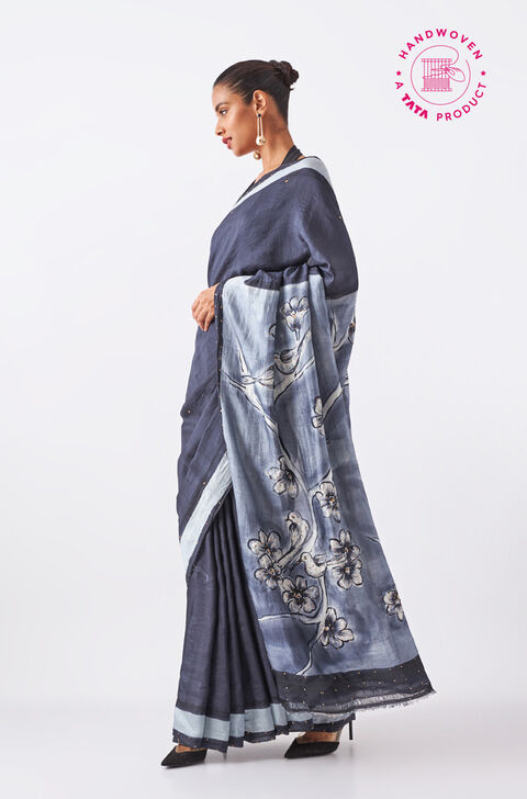 Grey Pure Silk Hand Painted Saree