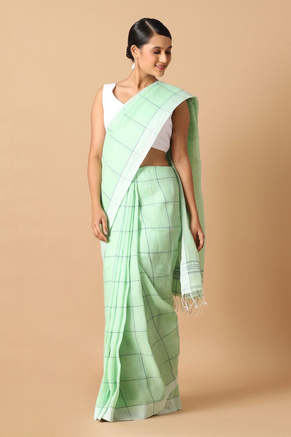 Green Pure Cotton Linen Bengal Saree image number null