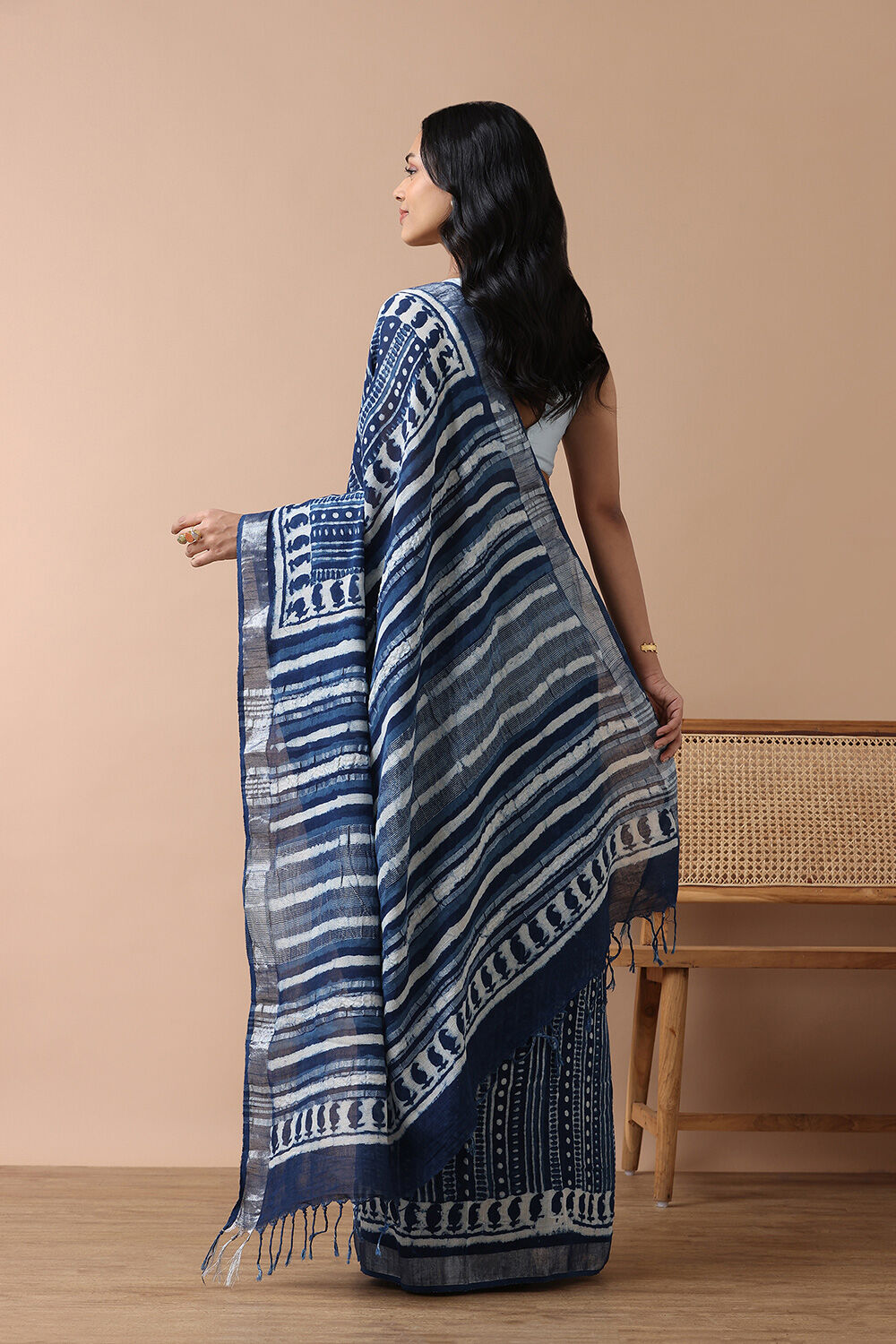 Blue Cotton Viscose Rajasthan Block Printed Saree image number null