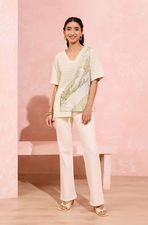 Light Yellow Pure Cotton Marble Printed Short Top