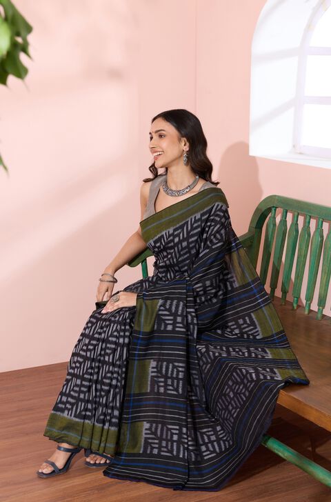 Black Odissa Pure Cotton Ikat Saree