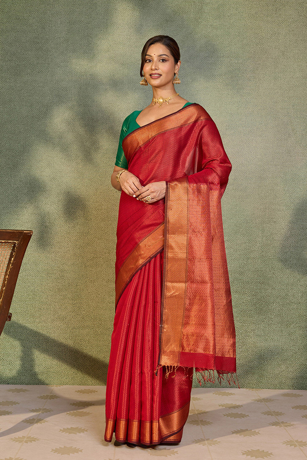 Red Brocade Pure Silk Cotton Maheshwari Saree image number null