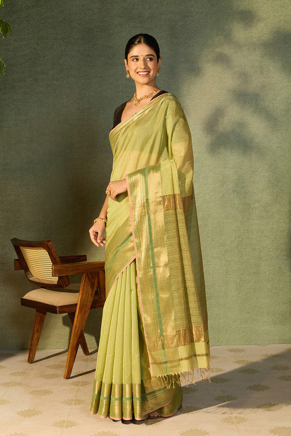 Light Green Woven Pure Tissue Cotton Maheshwari Saree image number null