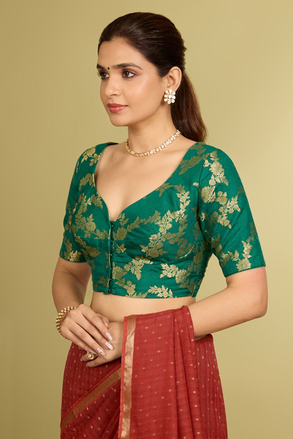 Dark Green Viscose Cutwork Blouse image number null