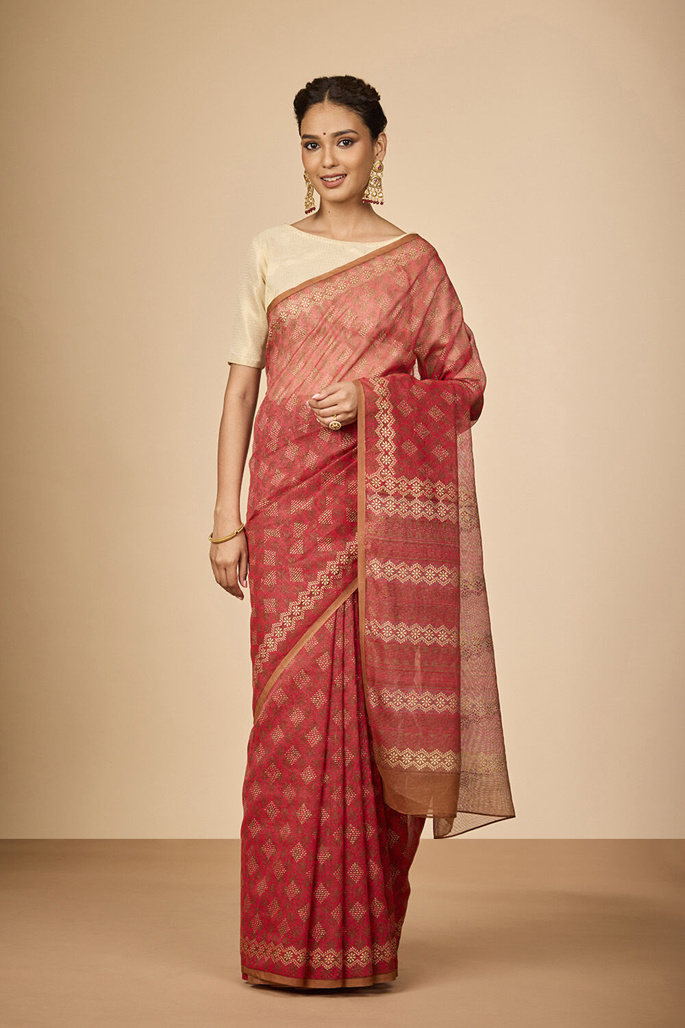 Light Red Bengal Pure Silk Cotton Block Printed Saree image number null