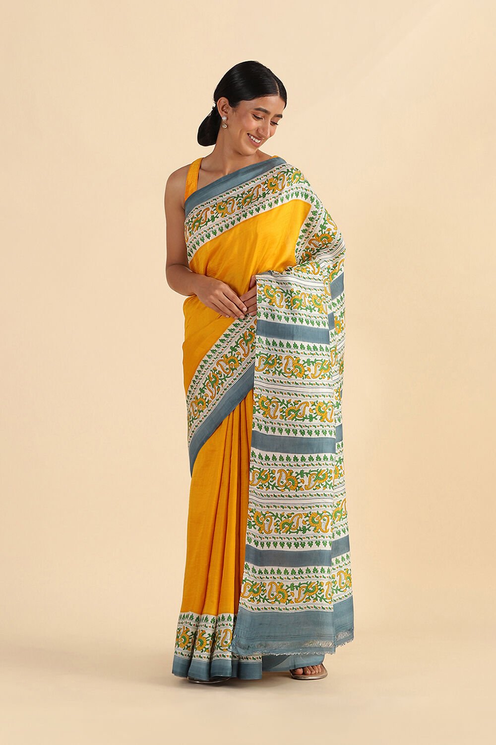 Yellow Hand Blockprinted Pure Silk Saree image number null