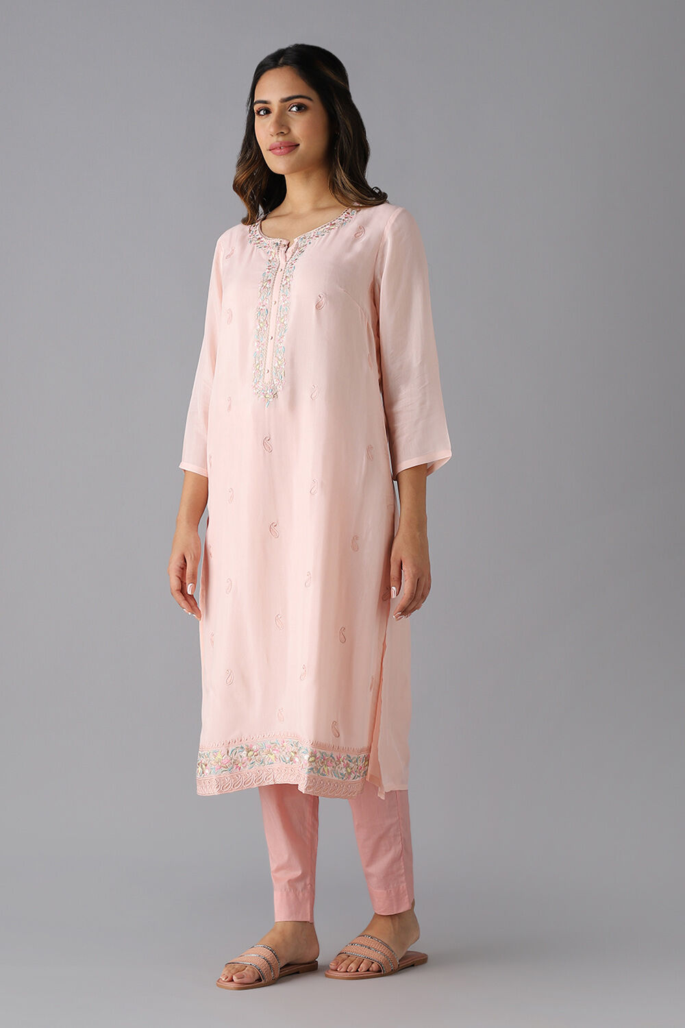 Light Pink Viscose Embroidered Kurta image number null