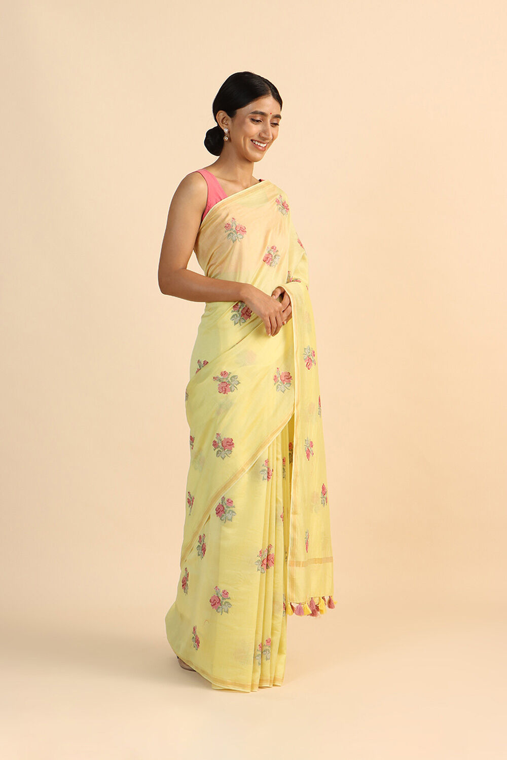 Light Yellow Pure Silk Cotton Embroidered Saree image number null