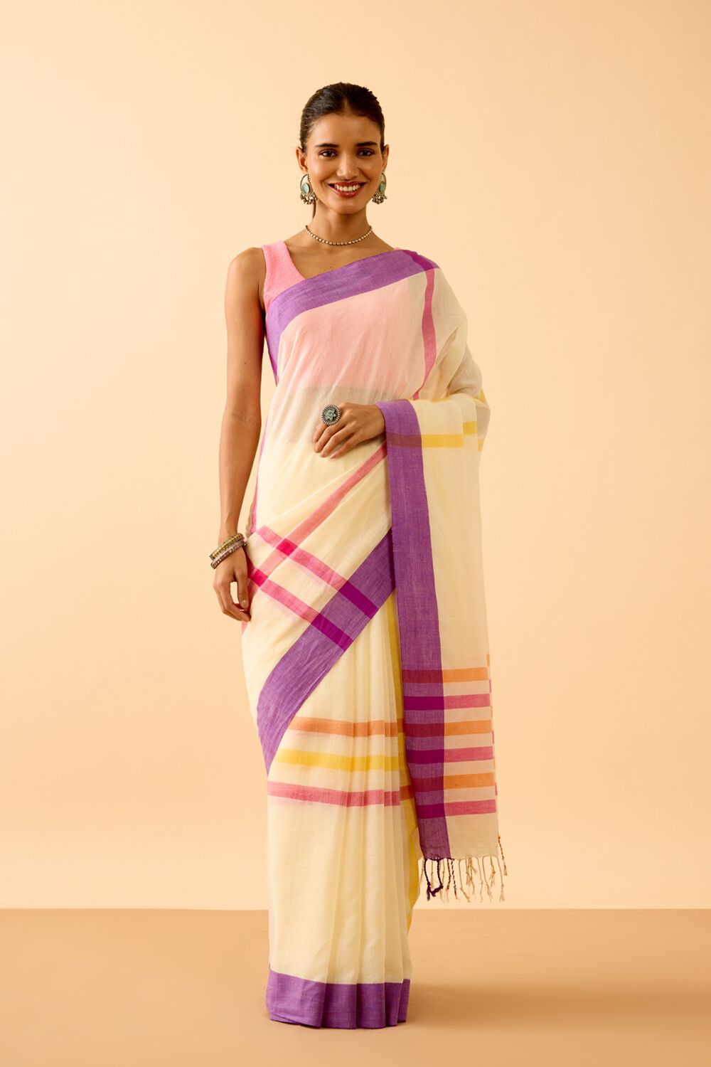 Off White Woven Pure Cotton Bengal Saree image number null