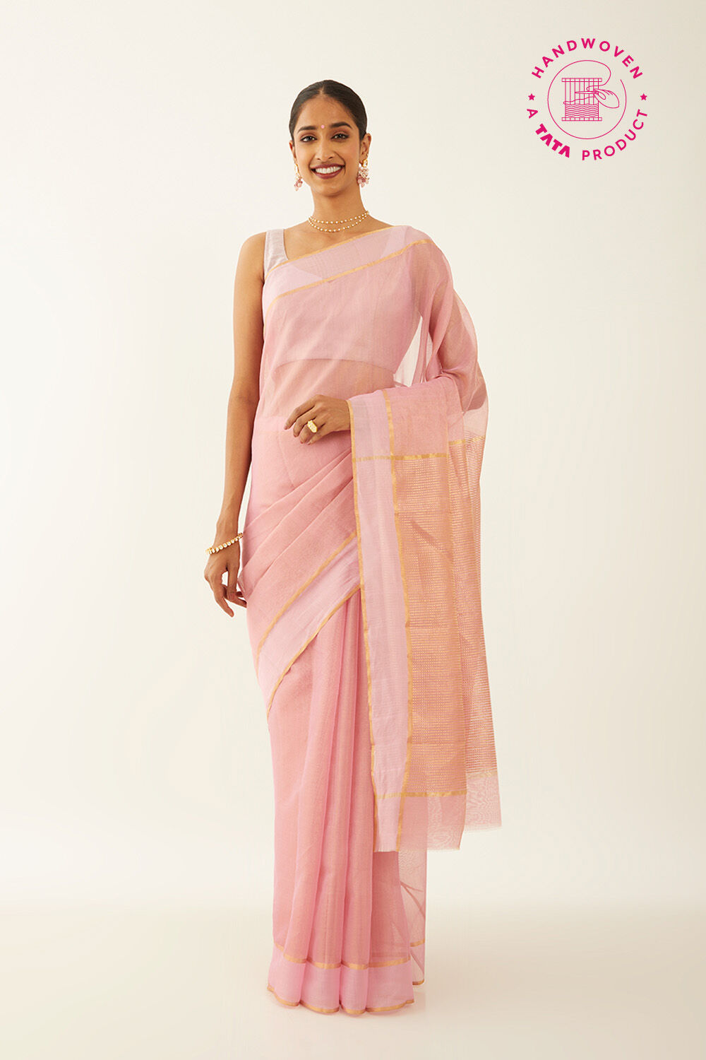 Light Pink Pure Cotton Tissue Chanderi Saree image number null