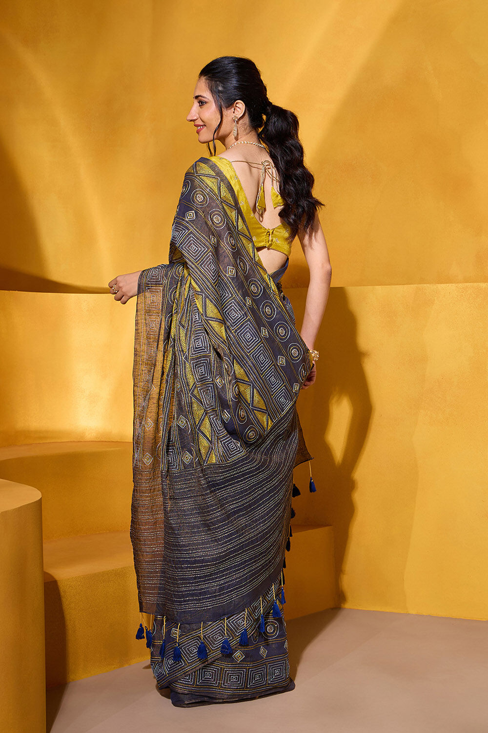 Dark Blue Tissue Linen Embroidered Saree image number null