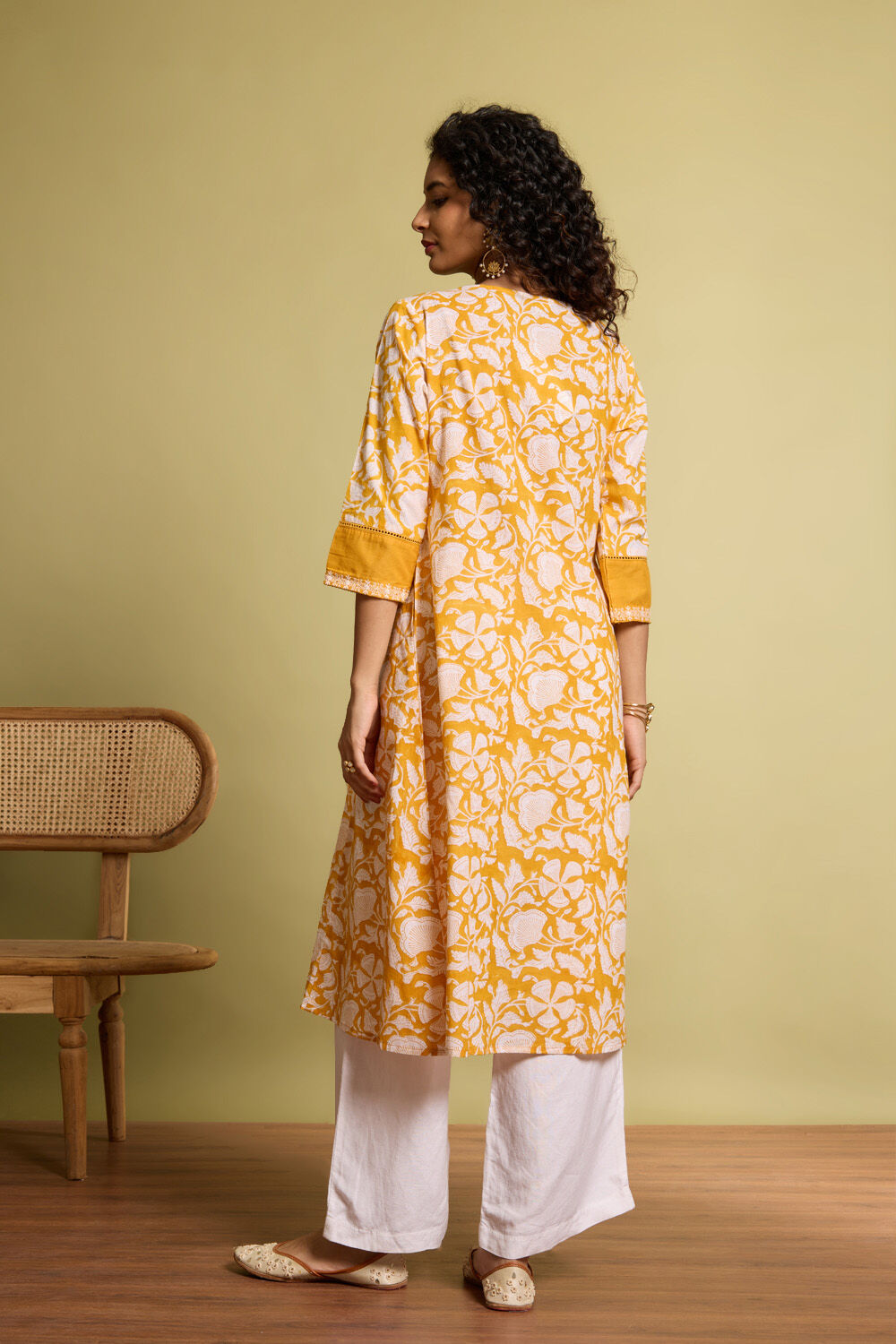 Yellow Pure Cotton Printed Embroidery Kurta image number null