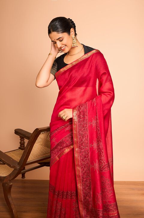 Red Rajasthan Pure Silk Cotton Printed Sanganeri Saree