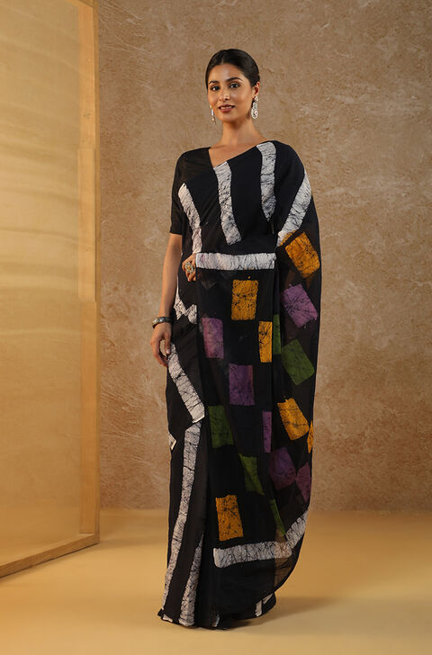 Black Ujjain Pure Cotton Batik Saree