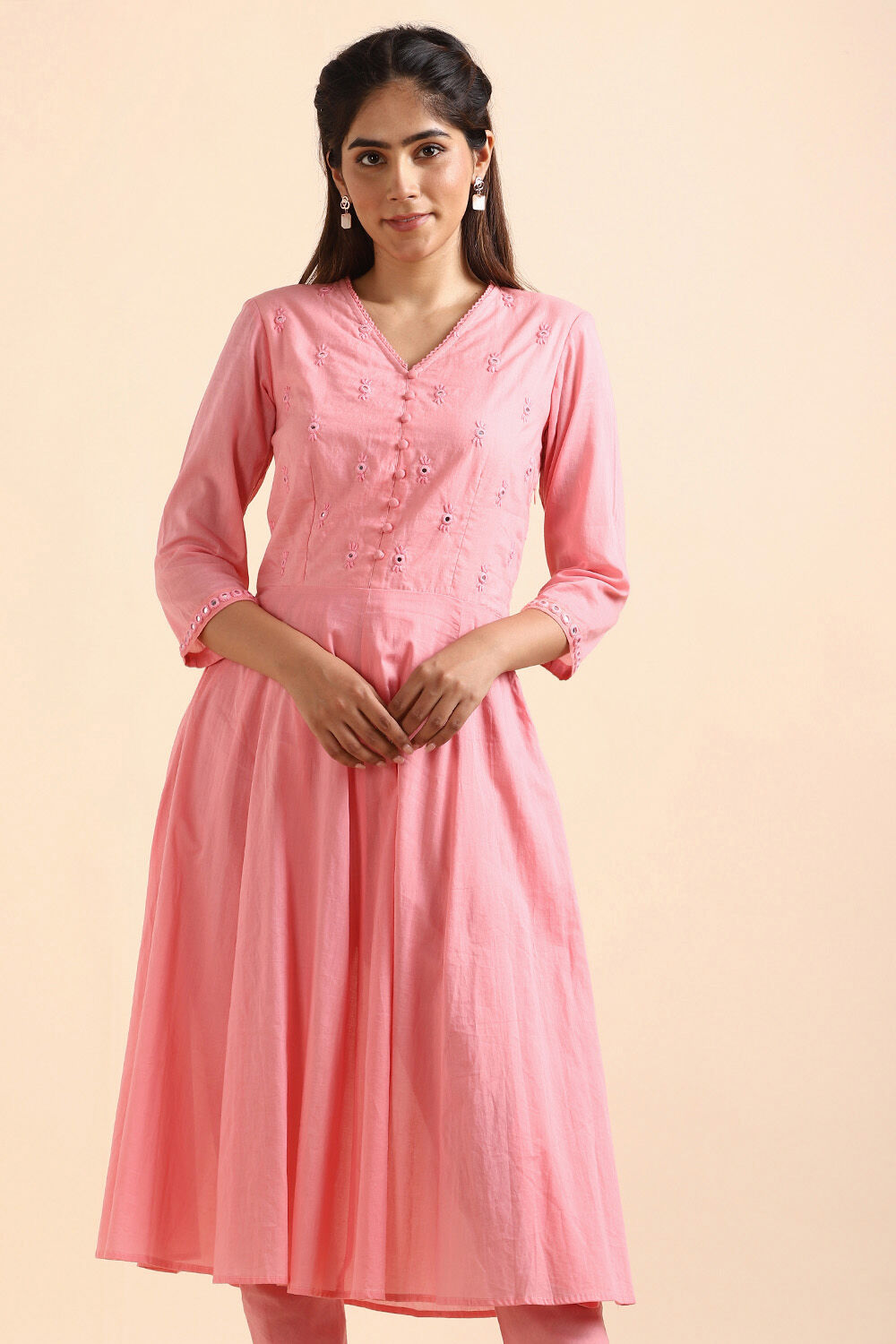 Light Pink Shisha Embroidered Cotton Kurta Set image number null
