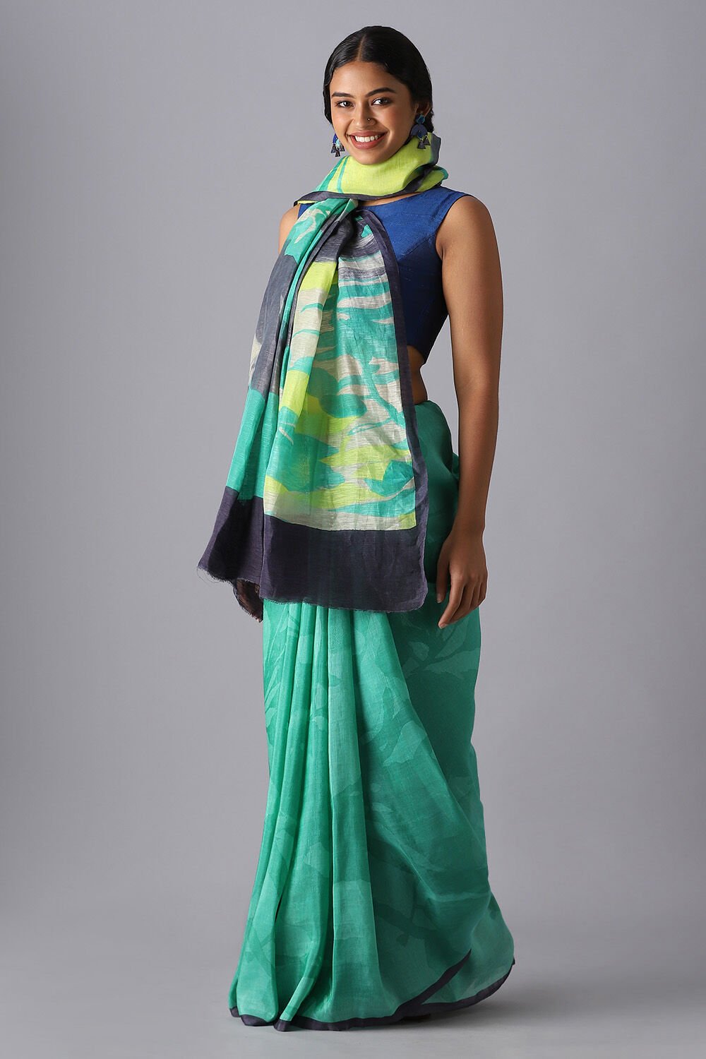 Green Pure Silk Linen Printed Saree image number null