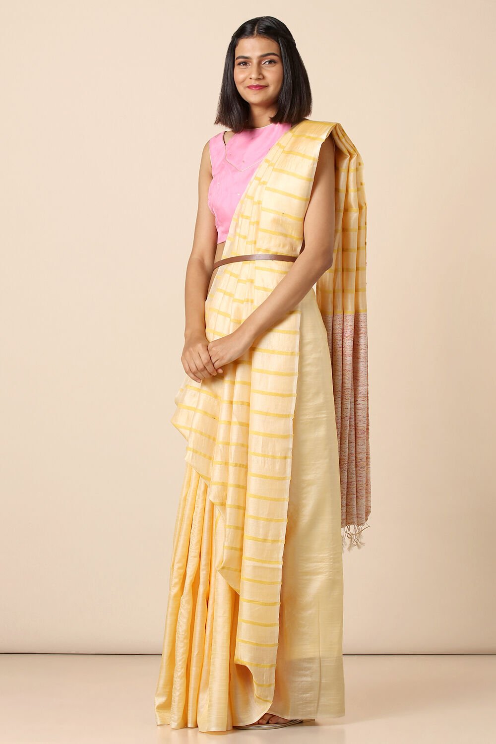 Yellow Pure Tussar Silk Woven Saree image number null