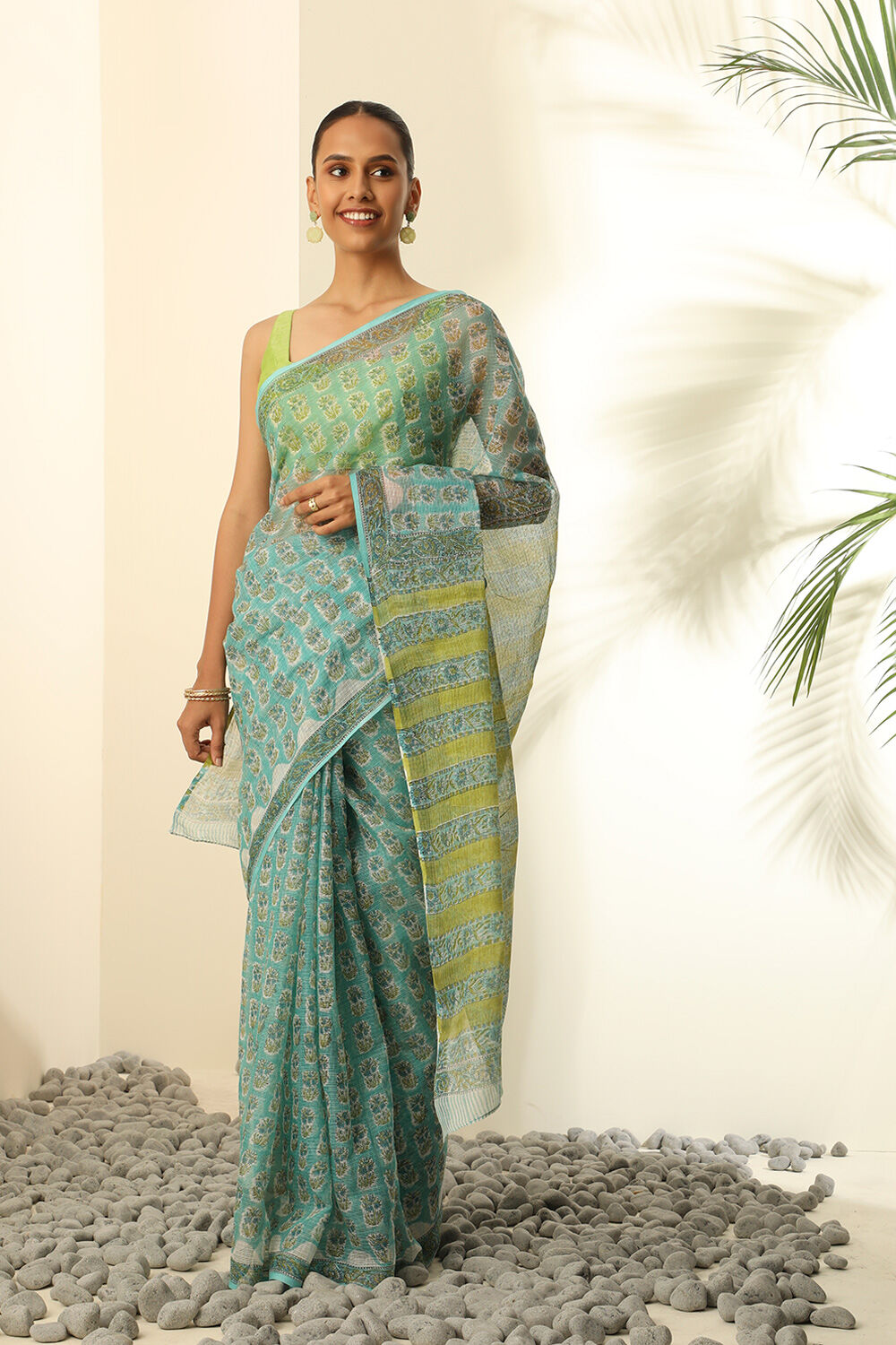 Light Green Pure Cotton Kota Bagru Block Printed Saree image number null
