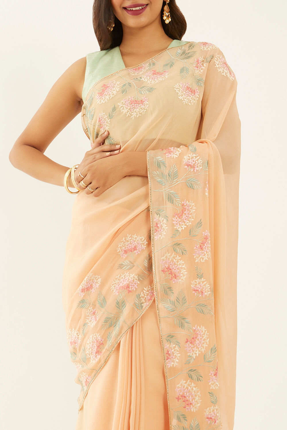 Light Orange Viscose Organza Embroidery Saree image number null