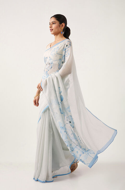 Light Blue Pure Silk Cotton Digital Printed Saree