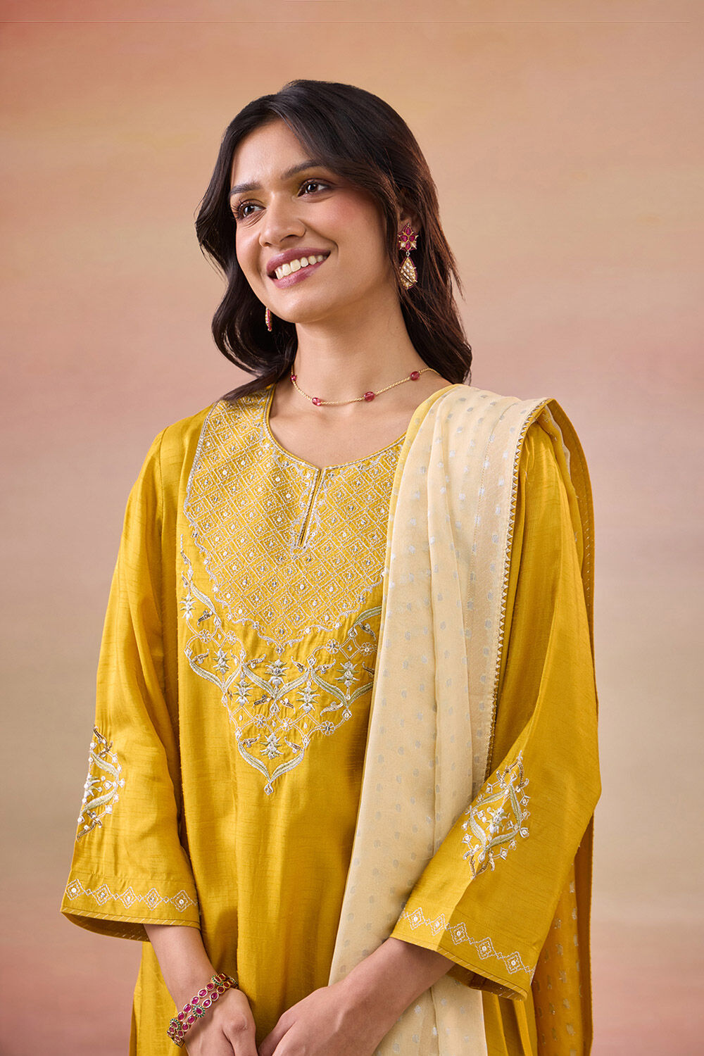 Yellow Pure Viscose Embroidered Kurta Set image number null