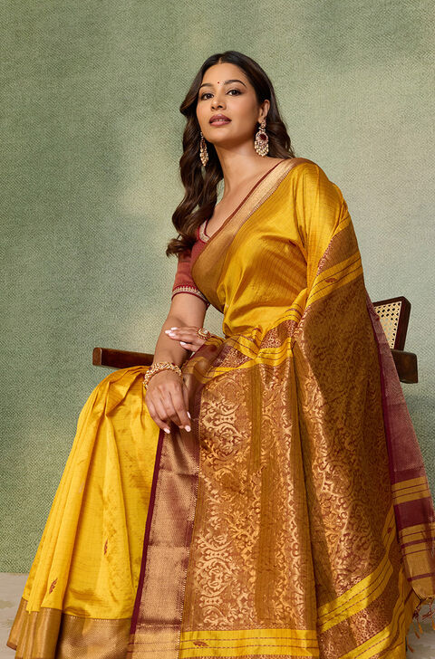 Yellow Woven Pure Silk Maheshwari Saree