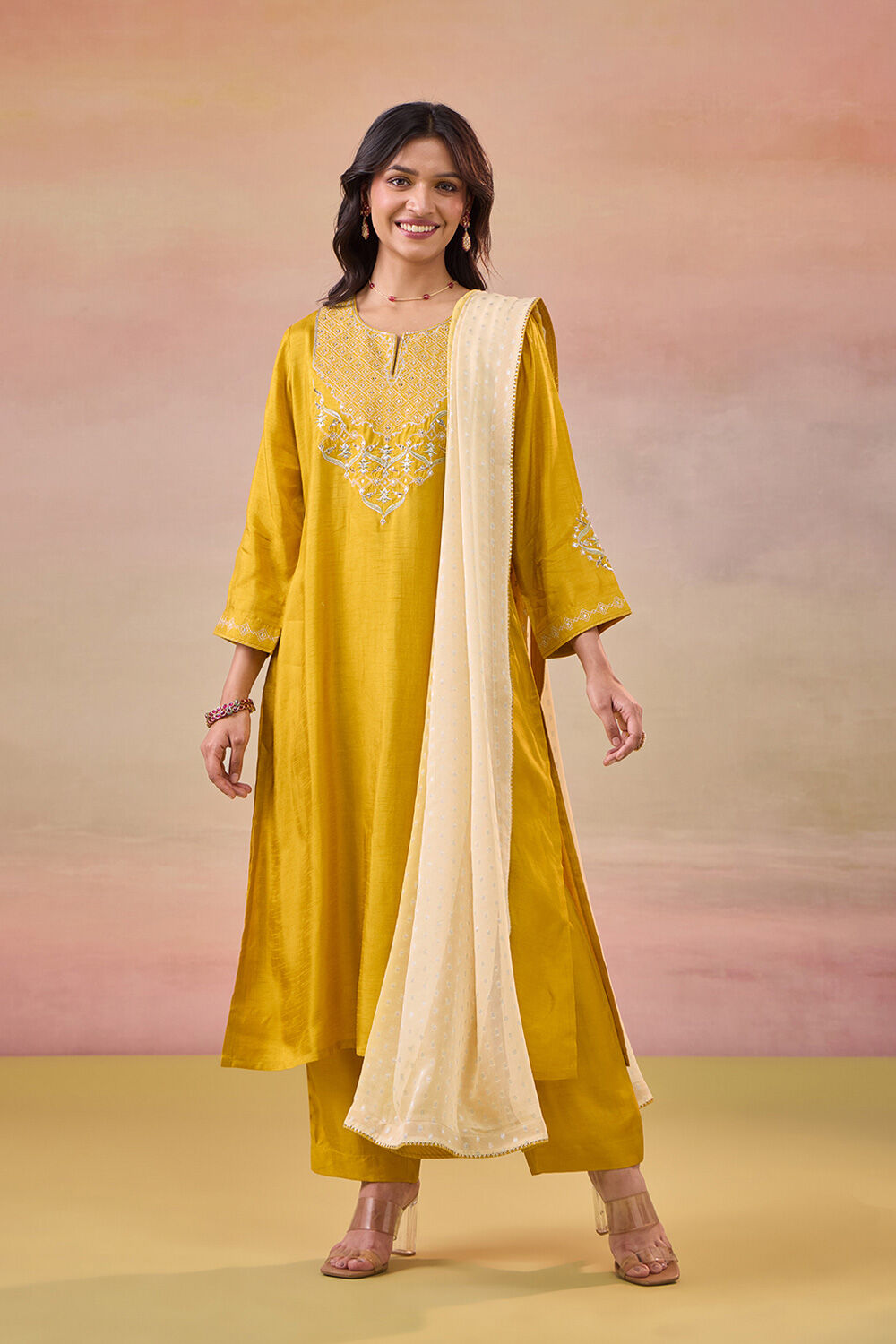 Yellow Pure Viscose Embroidered Kurta Set image number null