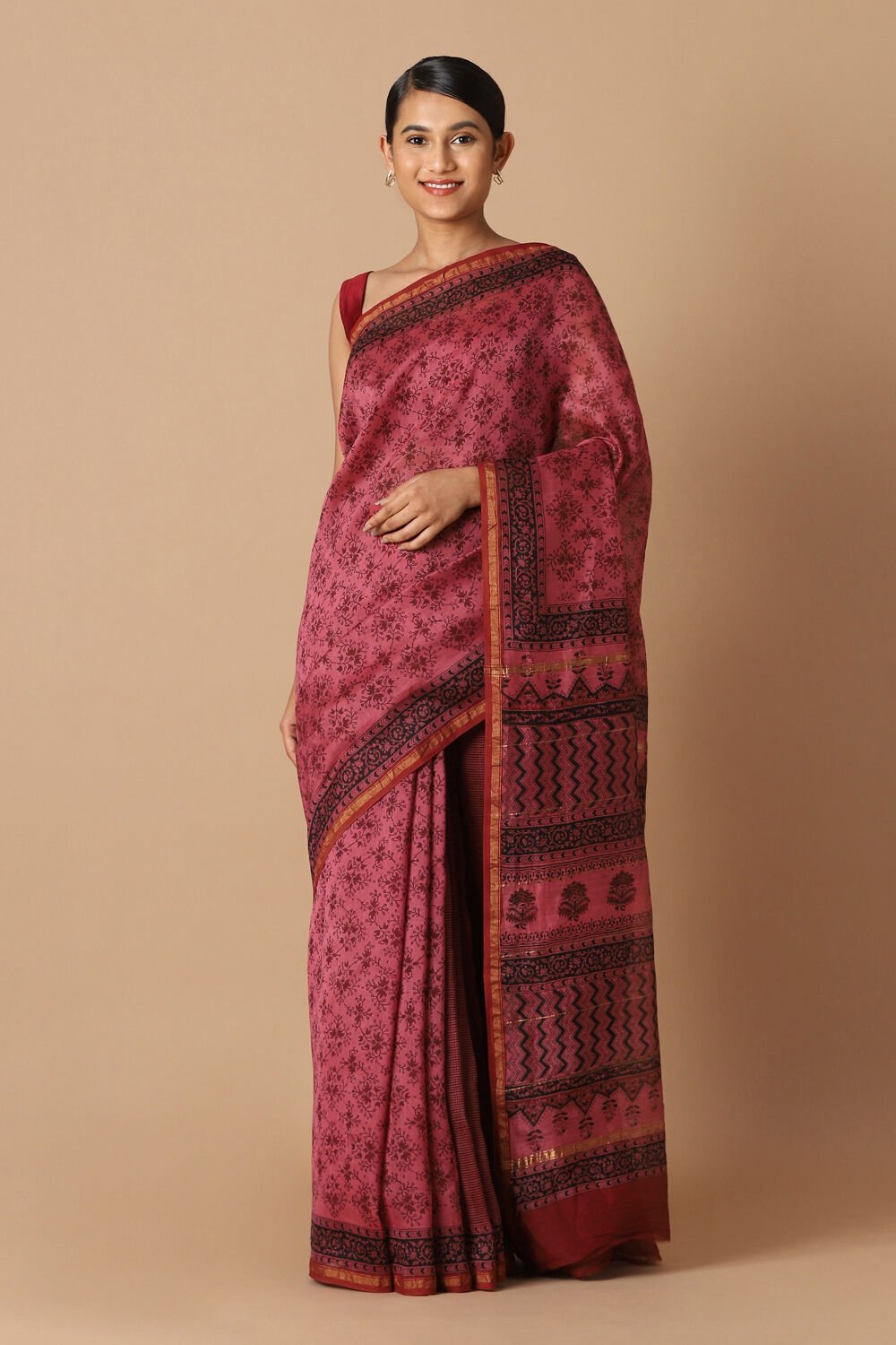Pink Pure Silk Cotton Bagru Printed Saree image number null