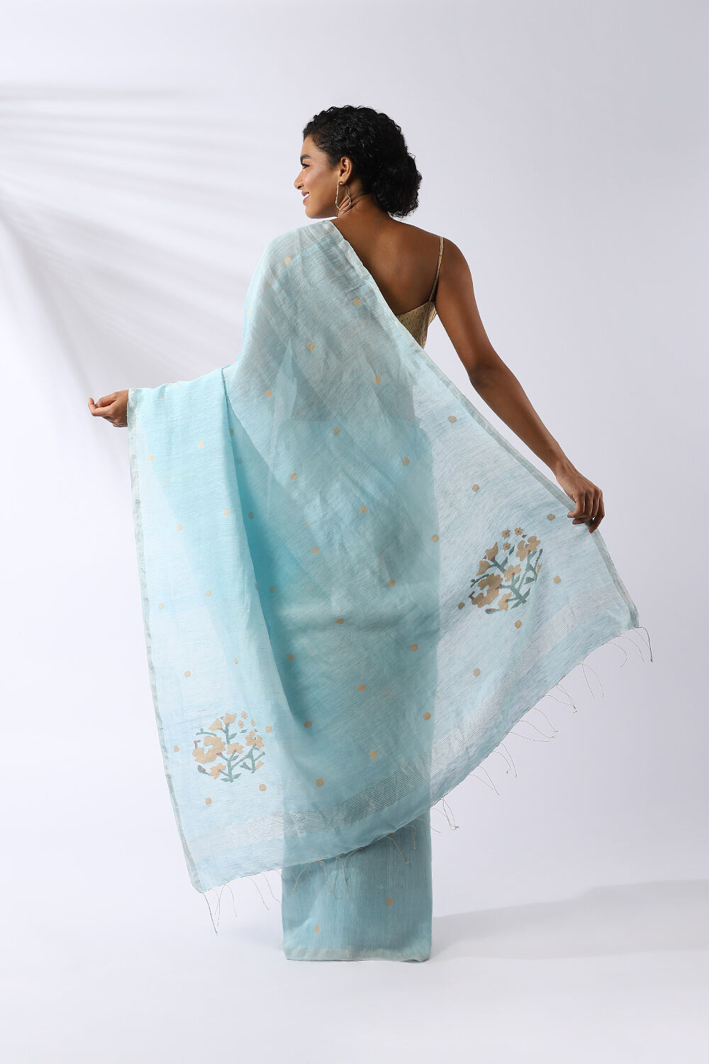 Light Blue Pure Silk Linen Jamdani Saree image number null