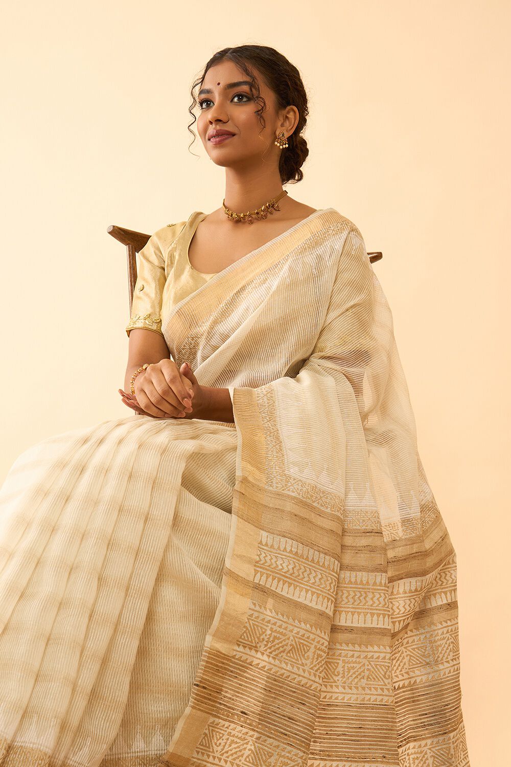 Off White Pure Silk Block Printed Bengal Saree image number null