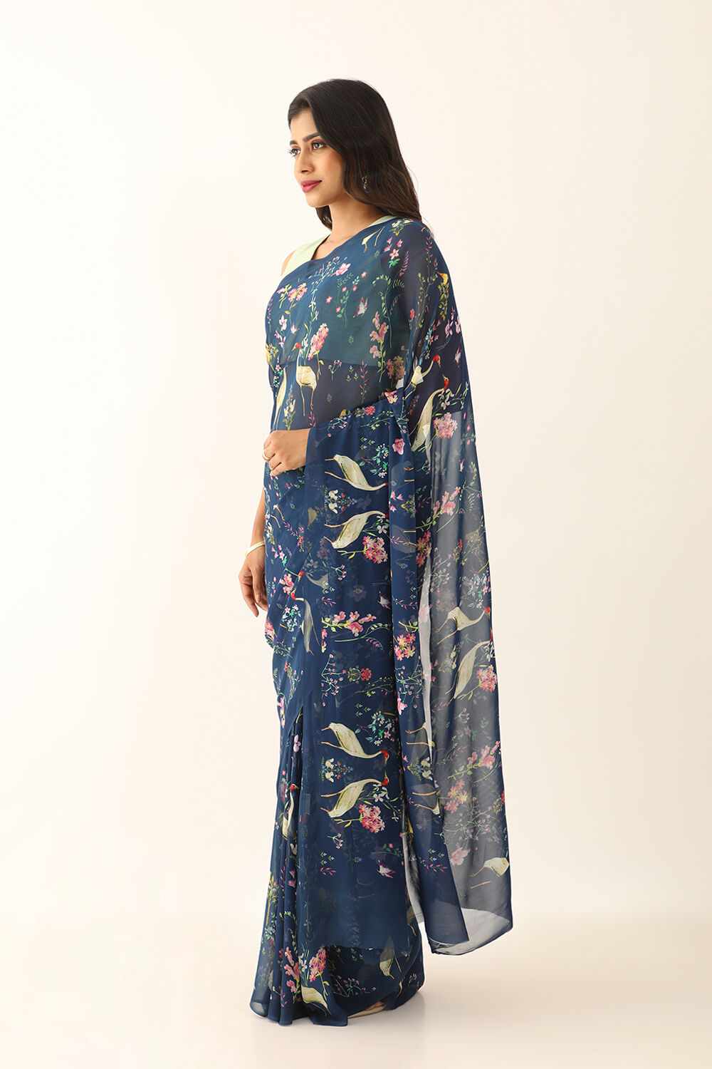 Blue Viscose Georgette Digital Print Saree image number null