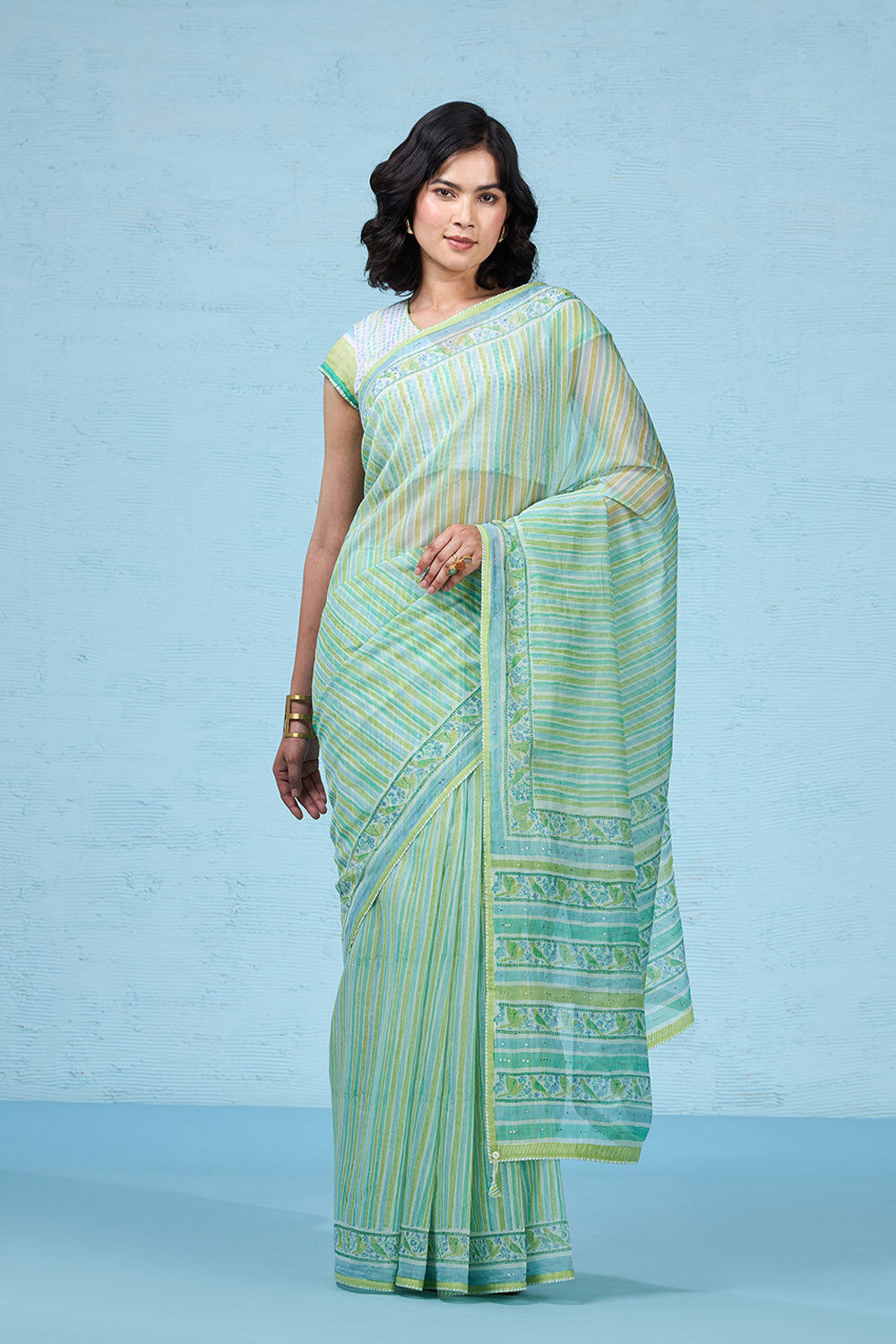 Green Rajasthan Pure Silk Cotton Printed Mukaish Saree image number null