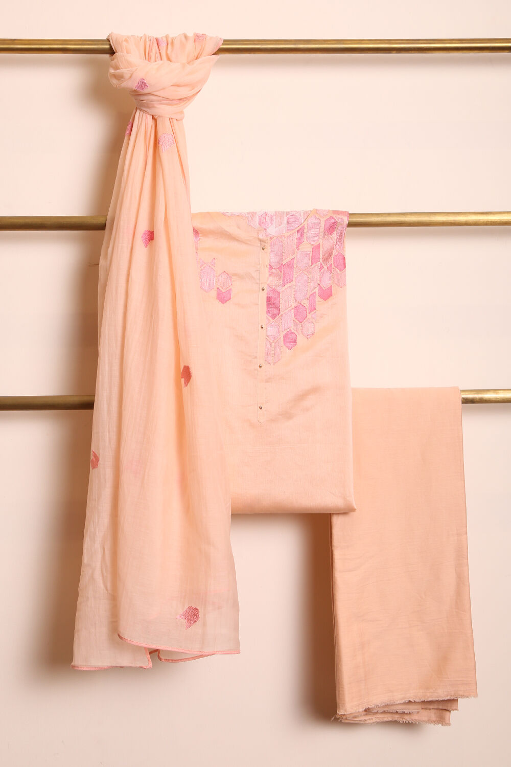 Light Orange Embroidered Pure Silk Cotton Suit Set image number null